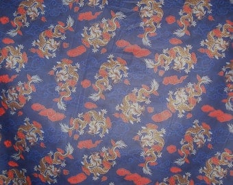 SPECIAL--Navy Blue and Red Dragon Print Pure Cotton Fabric --One Yard