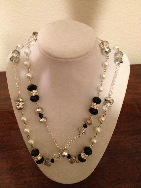 Black and Crystal beaded long chain necklace 22 by AngelicsDesign