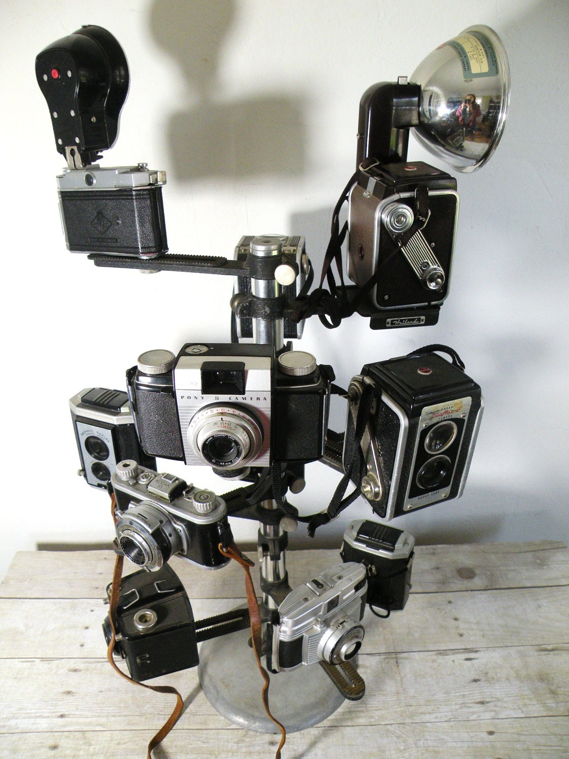 vintage camera display stand complete with 12 vintage cameras