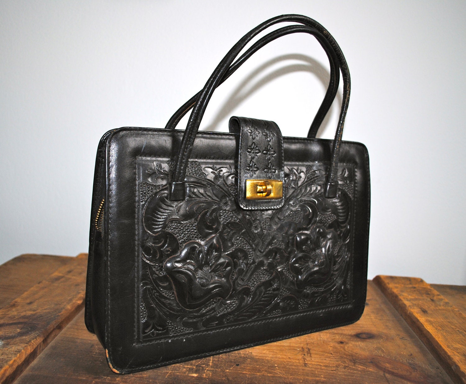 vintage BLACK LEATHER mexican HANDBAG purse