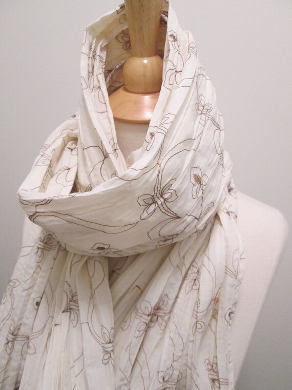 Long Boho Cotton Embroidered Scarf with Tassels in by GreenLinebyK