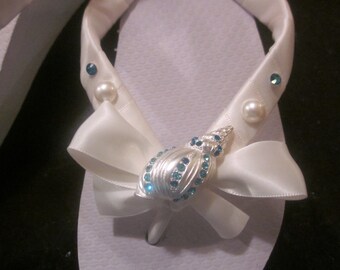 ... Flip Flops,Turquoise Rhinestone, Pearls,Seashells,Beach Weddings.Ivory