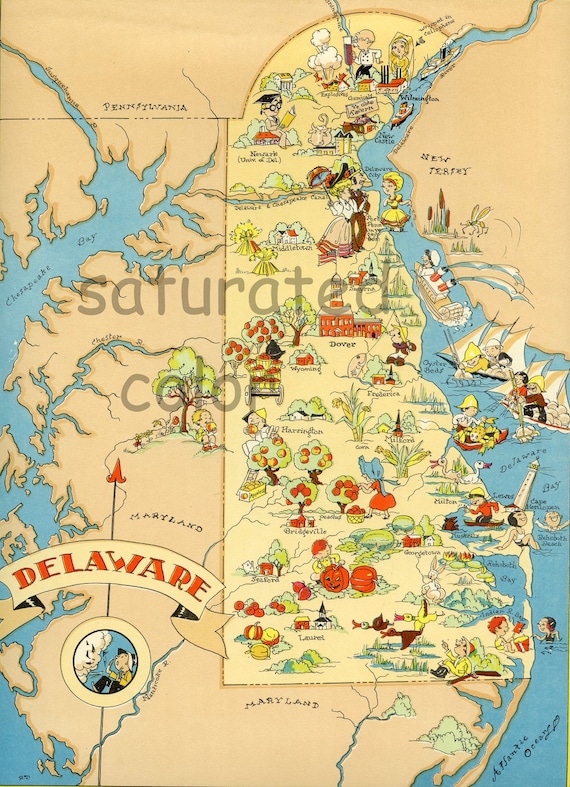 Delaware Map ORIGINAL 9 X 13 Antique Picture Map 1930S