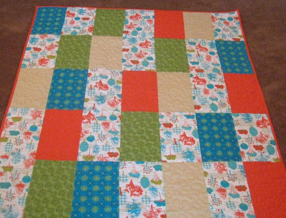 Orange Turquoise and Green Quilt 52x62