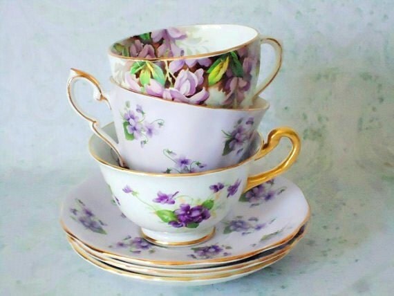 3 Tea Teacup tea cups Cups  Vintage lot Sets  Cups vintage and Saucers     Lavender job and Lot