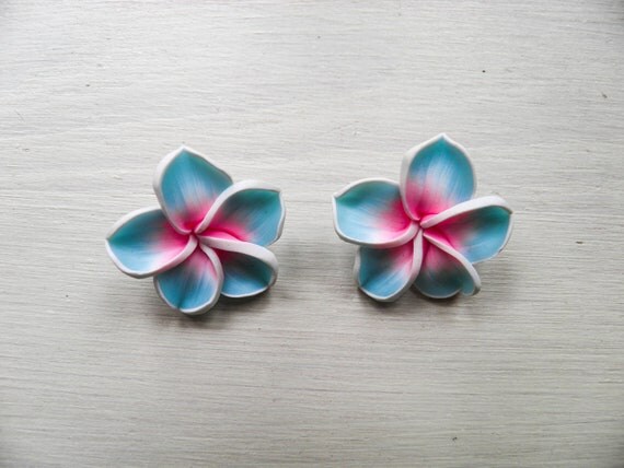 Light Blue and neon pink Hawaii flower CLIP ON earrings