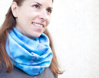 Infinity Hand Dyed Scarf Versatile Cowl Loop Galaxy Space Aqua Royal Blue Turquoise holiday