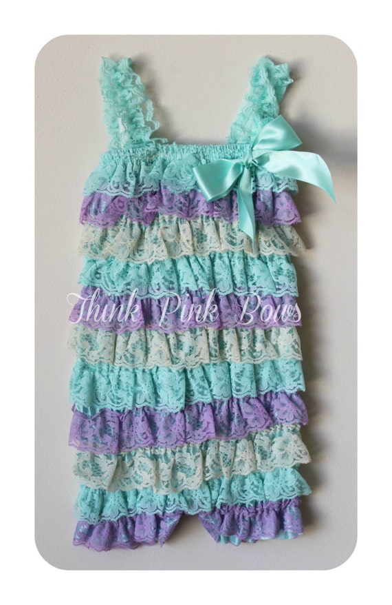 Aqua,Cream and L avender Petti Lace Romper,Baby girl Petti Romper, Petti Romper, Lace Romper, Romper, Bubble Romper,Photo prop. by ThinkPinkBows