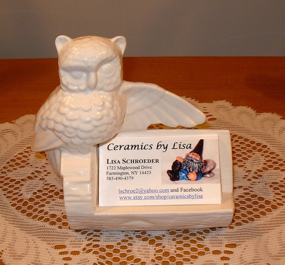 Ceramic Owl Business Card Holder Classic White Vintage