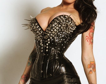 Spike studded crystal pleather plunge overbust made to order corset