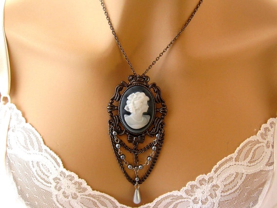 Downton Abbey Necklace Victorian Cameo Necklace: Victorian Woman Grey Cameo Necklace Pearl,  Victorian Cameo Necklace, Victorian Jewelry