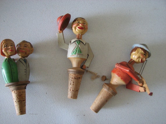 Vintage Carved Wooden Anri Wine Stoppers with Movable Parts