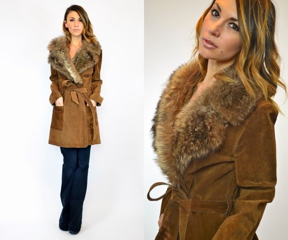 CINNAMON bohemian glam & COYOTE fur BELTED by discoleafvintage