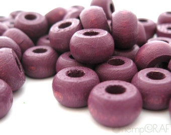 Wood Beads, Purple Hemp Macrame Beads, Wood Crow Beads 6x10mm - Large Hole Beads - 50pc