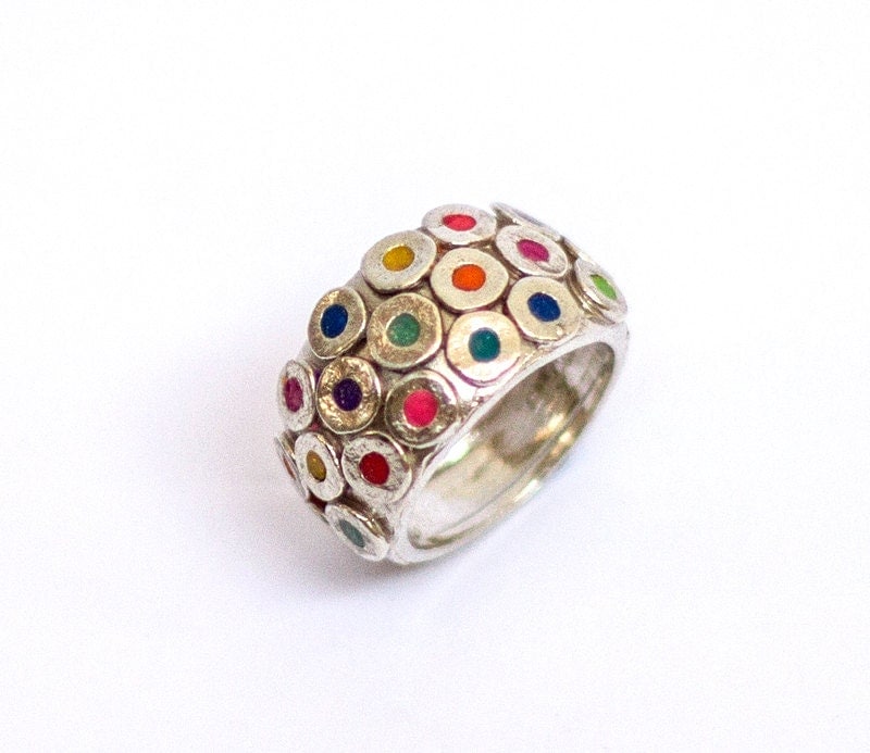 Colorful circles ring, Sterling silver ring with multi color circles, pink red green blue yellow turquoise orange and more, rainbow ring