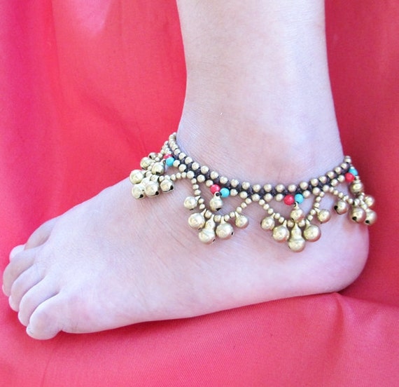Boho Ring Ring Bell with Turquoise and Coral Cascade Anklet