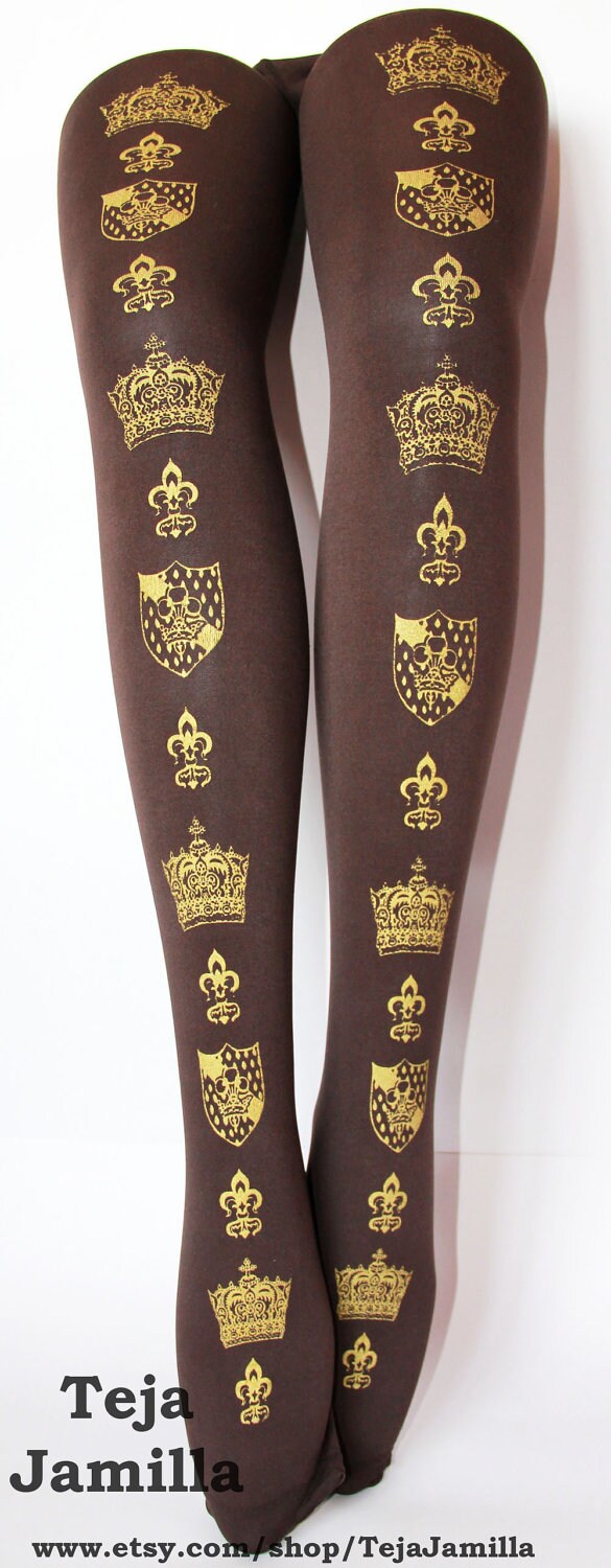 Crown Printed Tights Winter Thick Large Gold on Brown Royal
