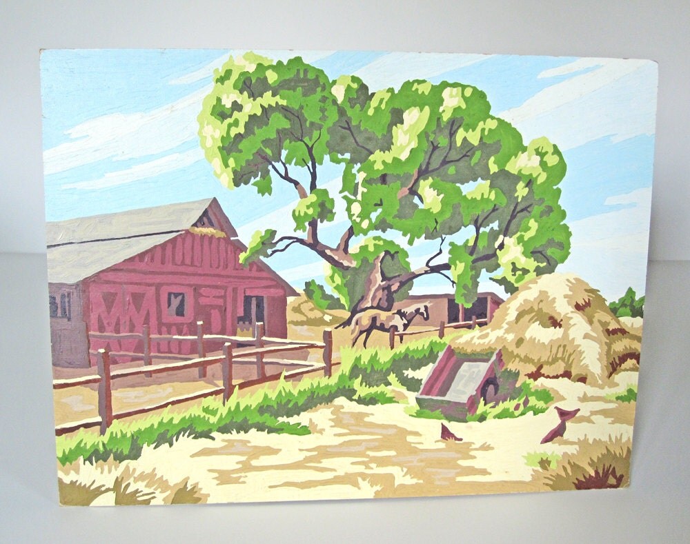Vintage paint by number harvest farm painting red barn hay