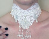 White ''Innocens'' Lace Beaded Bridal Couture Necklace / Neckpiece - Size Small