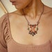 Fall colors macrame necklace hand forged copper spirals with coin beads