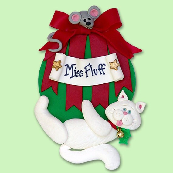 White Christmas KITTY CAT Hanging on Ornament HANDMADE Polymer Clay Personalized Christmas Ornament