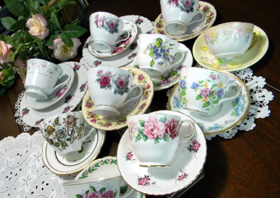 Saucers Vintage   and Cups 10 or cup tea Lot Party bulk Tea vintage Mismatched  Wedding