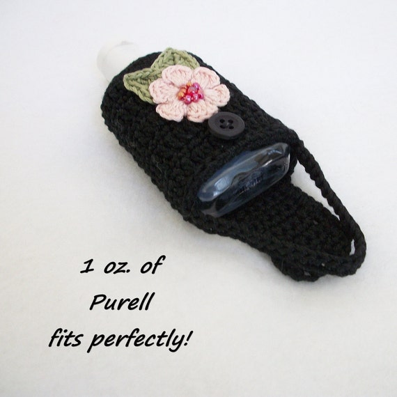 Crocheted Hand Sanitizer Holder/Cozy in Black w Pink Flower