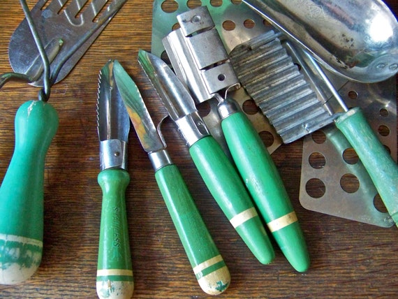Vintage Kitchen Utensils Green Wood Handles