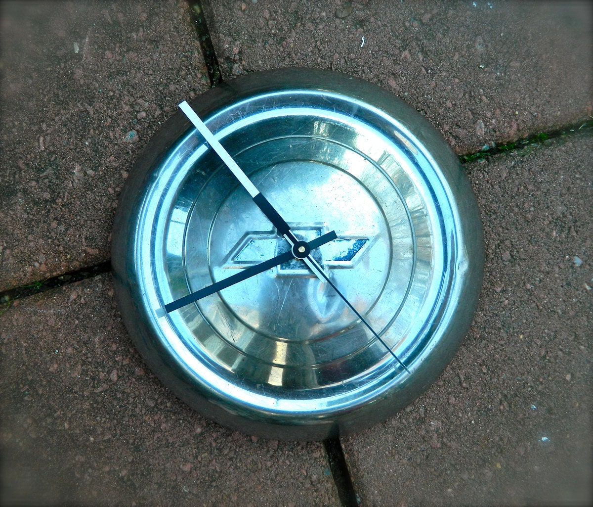 Vintage Recycled Chevy Hubcap Wall Clock 1950s Chrome Retro