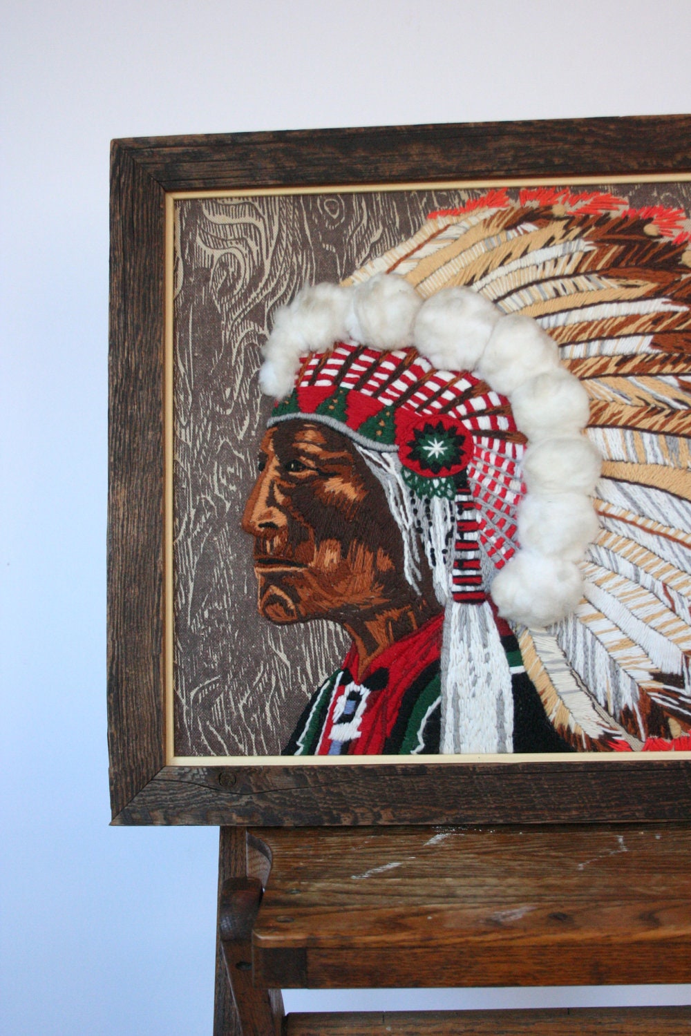 Vintage Embroidered Native American Indian Chief: Fiber Art