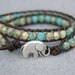Blue turquoise Bohemian beaded leather wrap bracelet, 2x Wrap bracelet, boho chic, Good Luck elephant, Chan Luu style, tan, surfer, summer