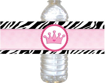 Printable Pink Polka Dots Stripes Princess Crown Water Bottle