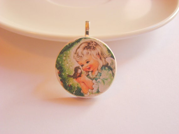Little Angel Holding a Sparrow Pendant  Small Paper by mimiandlucy