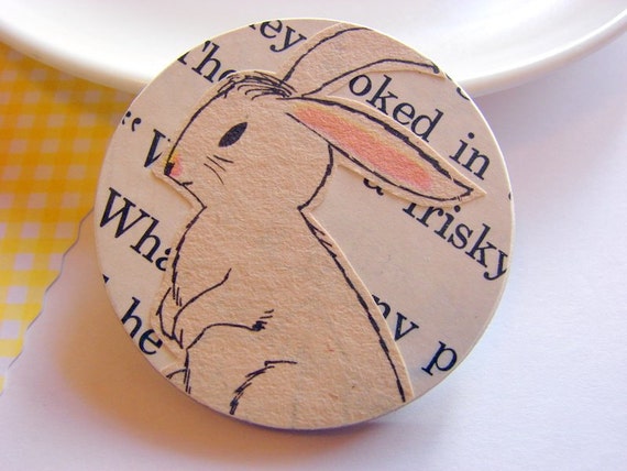 Wood Pin  White Bunny Rabbit  Large Paper Decoupage by mimiandlucy