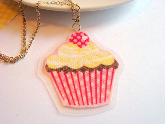 Laminated Charm Necklace  Cupcake  Pink Red and by mimiandlucy