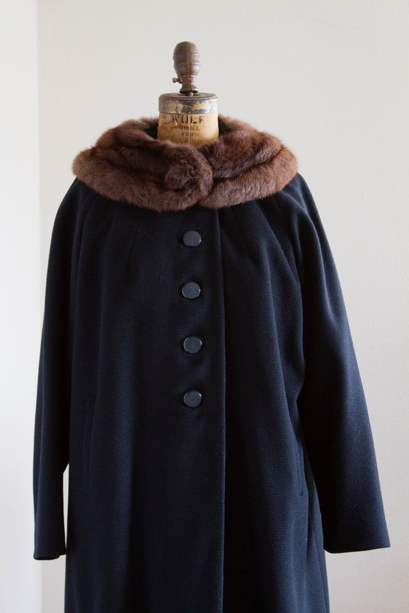 SALE 1950s Coat 50s Coat Black Wool Fur Collar by LivingOnVelvet