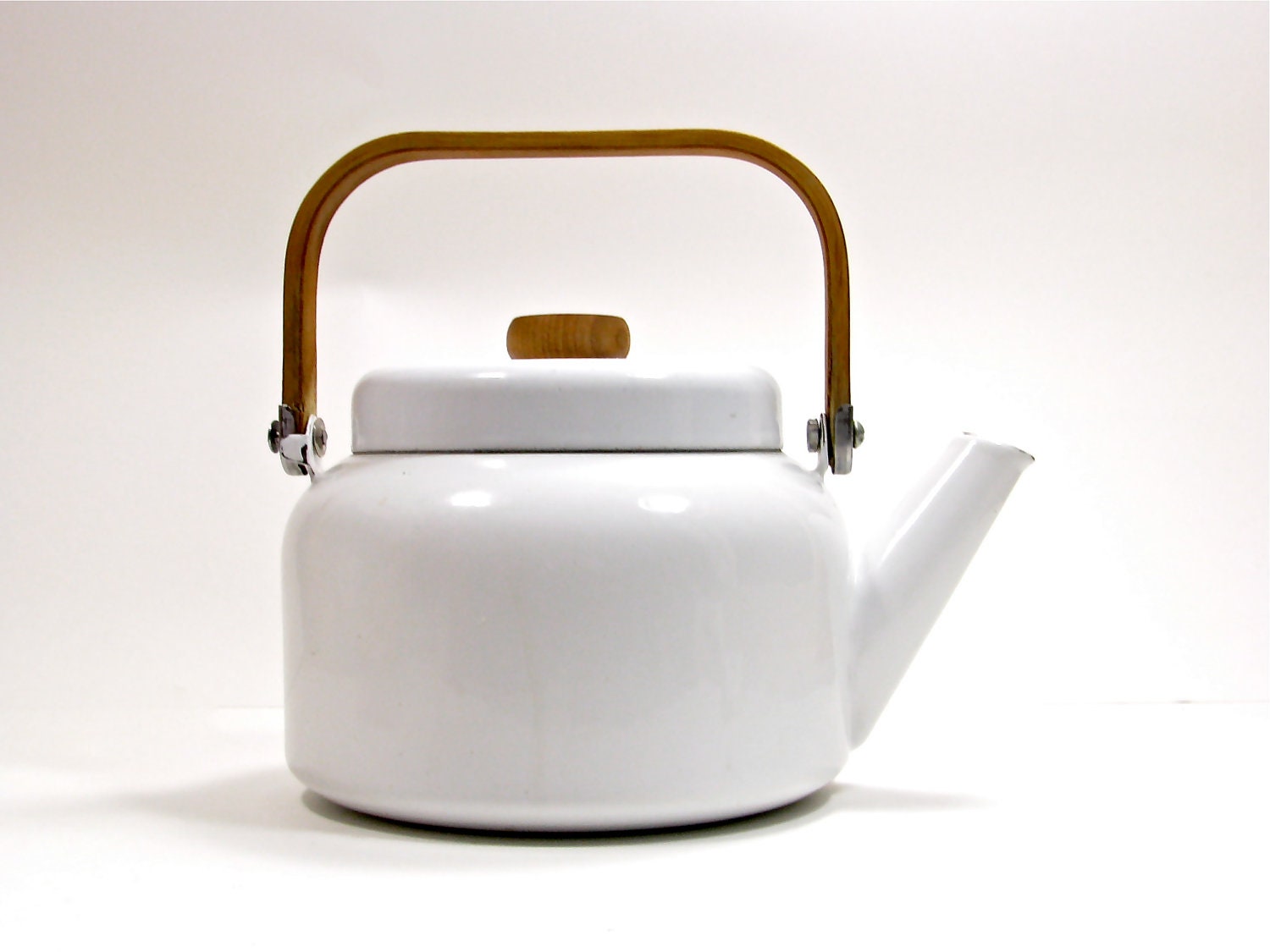 Vintage Enamel Kitchen Kettle. White with Wood Handle