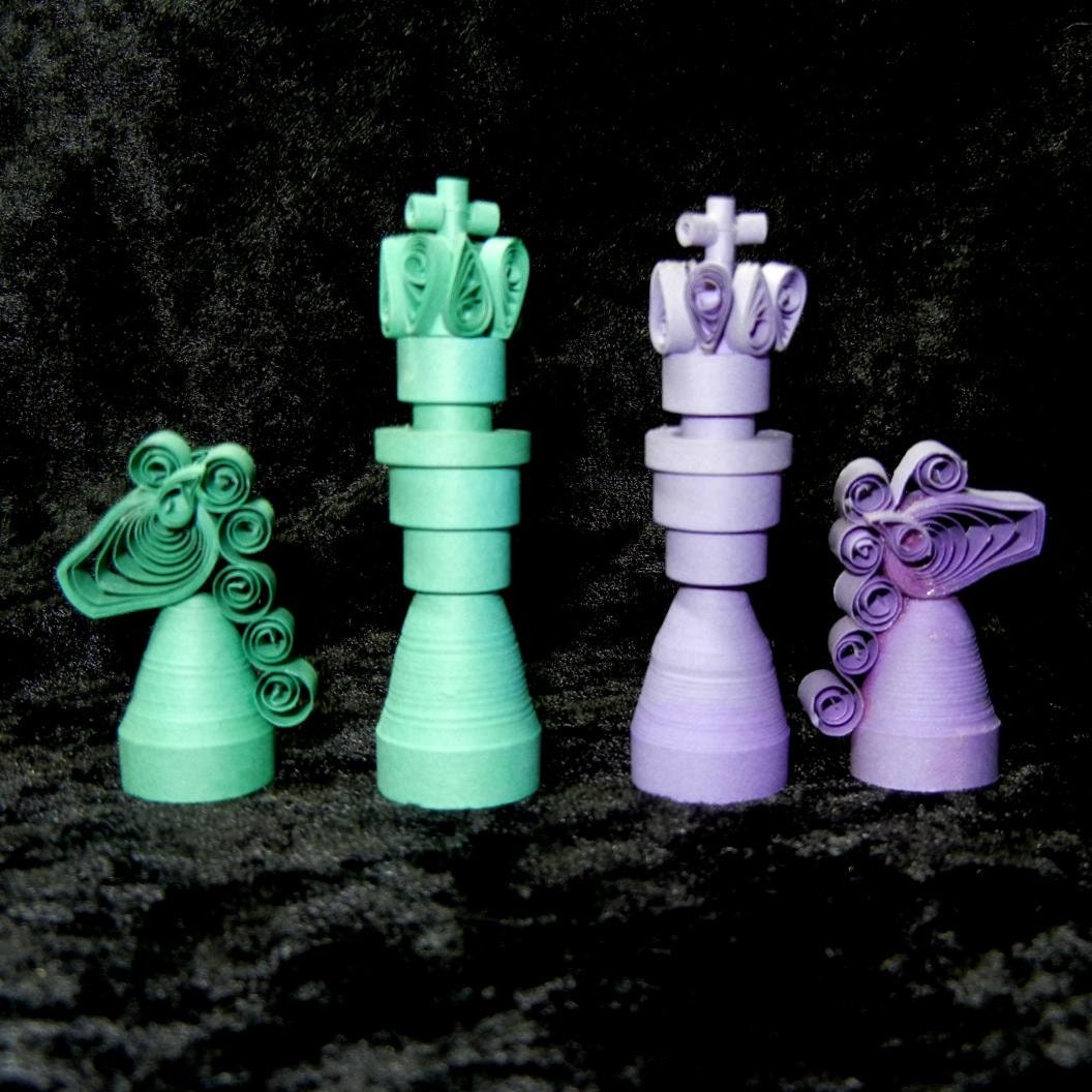 Quilled paper chess set Lavender purple and teal green set