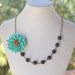 Large Turquoise and Burnt Orange Flower and Black Agate Asymmetrical Chunky Statement Necklace in Antique Bronze