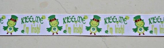 Kiss Me I'm Irish Owls on white 7/8" grosgrain ribbon- St Patricks day Il_570xn