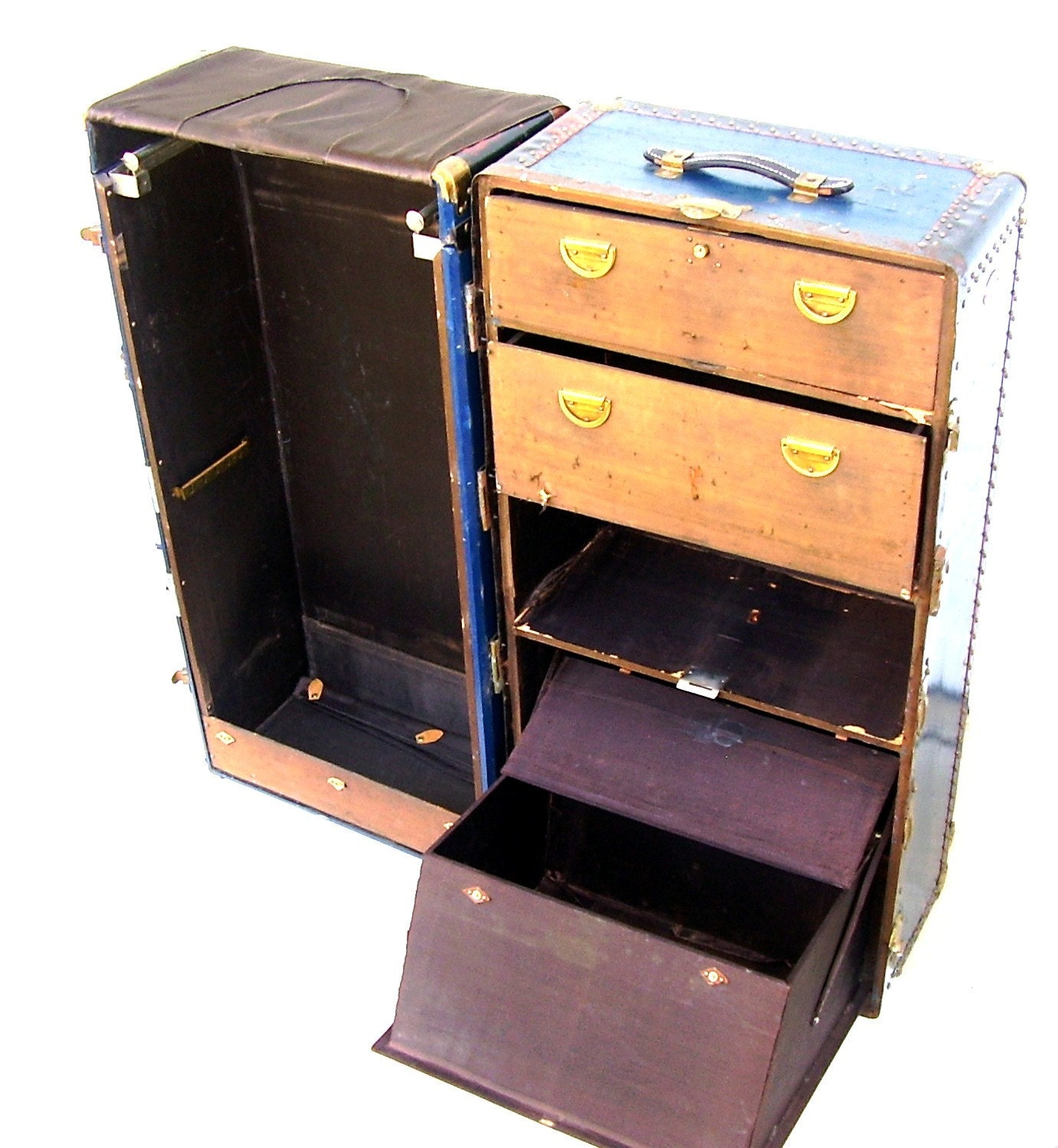 Antique Steamer Trunk Nautical Navy Blue Travel Wardrobe