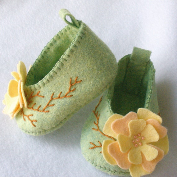 Felt Baby Booties Hand Stitched Pale Green Peach and Yellow