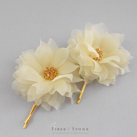 Gold Wedding Hairpins, Fall Wedding Hair Accessories, Pure Silk, Swarovski Crystal Bridal Hair Flowers, Champagne, Bridal Head Piece,