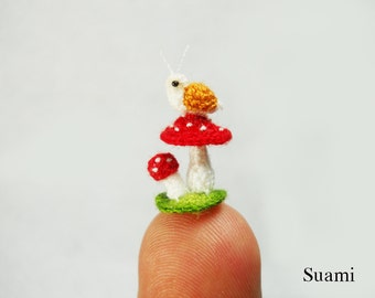Snail and Mushroom - Micro Amigurumi Crochet Tiny Stuffed Animal - Made To Order
