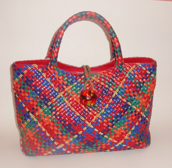 SHARIF Woven Leather Handbag Tote Red Green by Pinkvintagerose