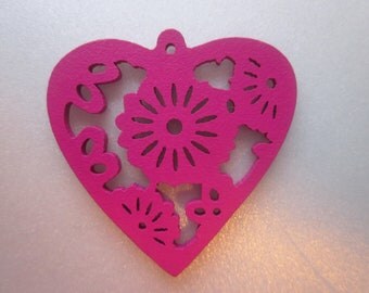 SALE - Fuschia Wood Heart Pendants 40mm 2 Pendants