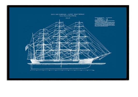 Ships Blueprint of an American Clipper dated 1853 Coastal