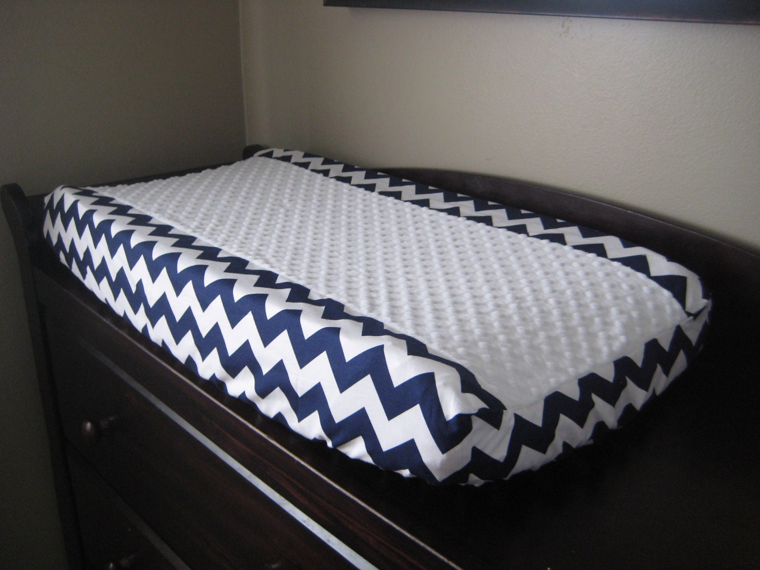 Changing Pad Cover with Minky Center Navy and White Chevron