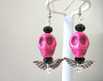 Skull Earrings Wings Day of the Dead Earrings Sugar Skull Jewelry Hot Pink Black