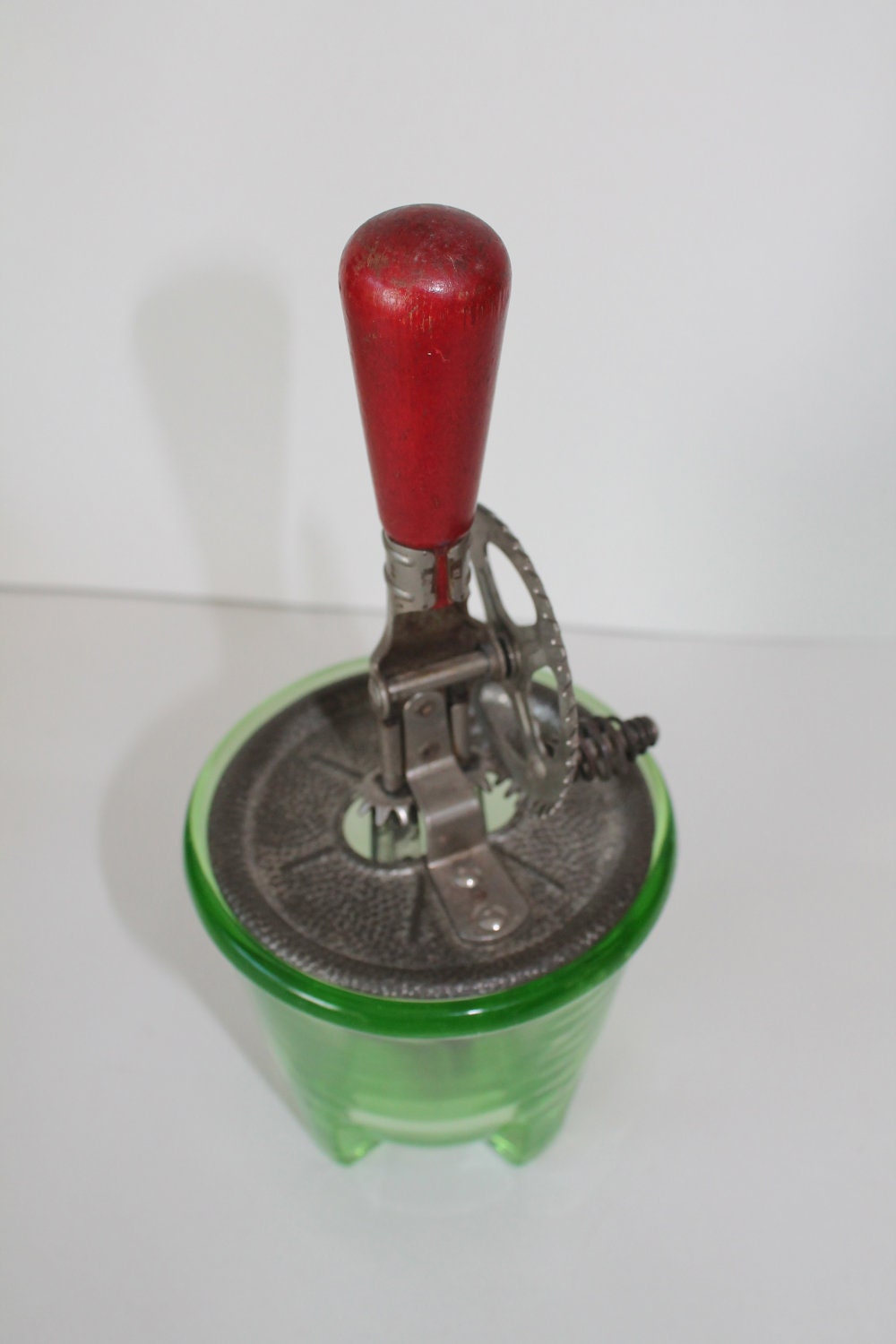 Vintage A&J Egg or Mayo Beater with Depression Green Glass